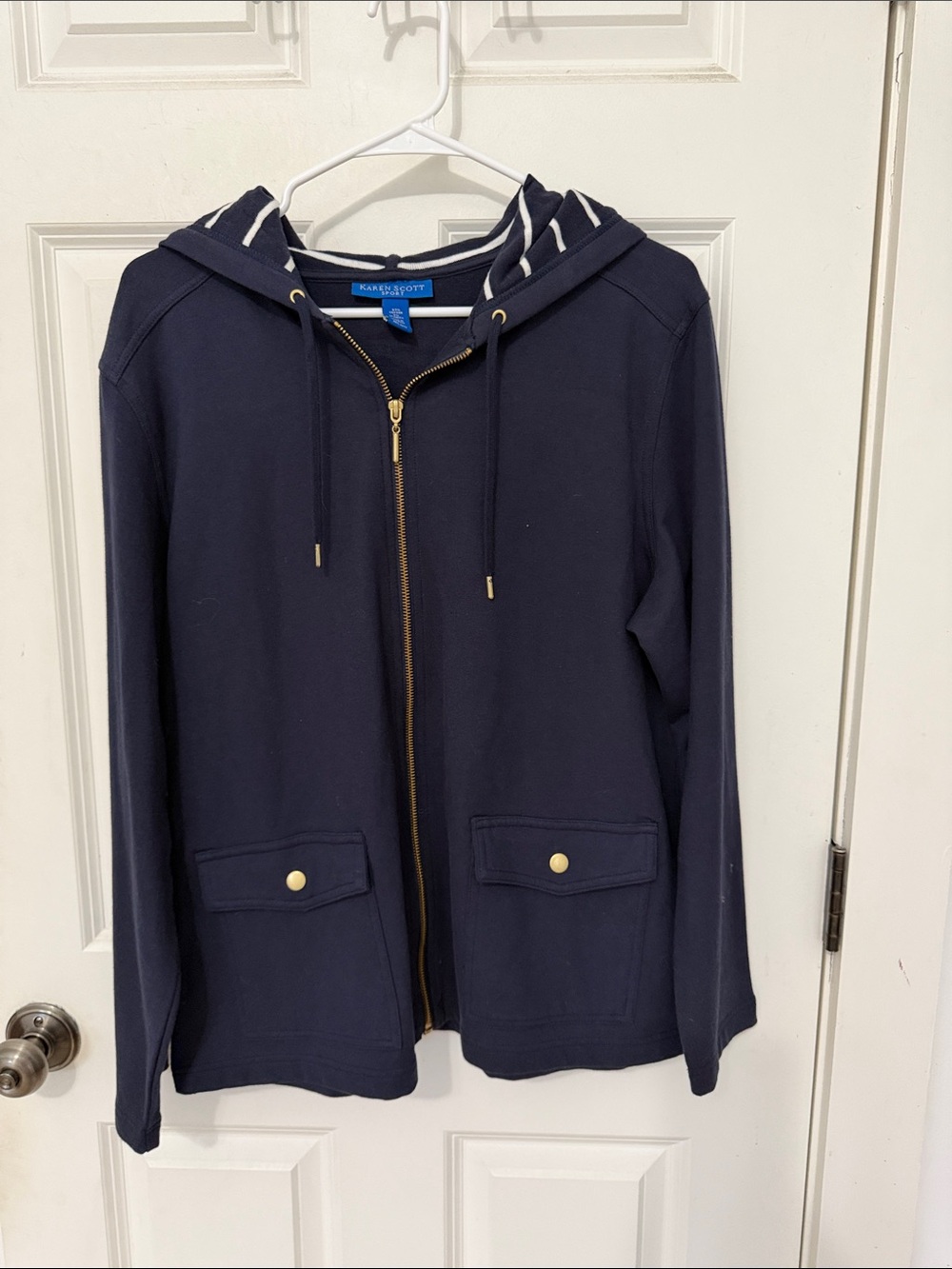 Karen Scott Navy Blue Zip-Up Hoodie Soft Jacket Size Large Gold Hardware